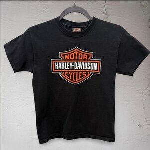Vintage Harley-Davidson Black T-Shirt with Orange and White Shield Logo